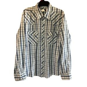 Wrangler Mens Western Shirt Blue Plaid Long Sleeve‎ Button Up Cowboy Size XL